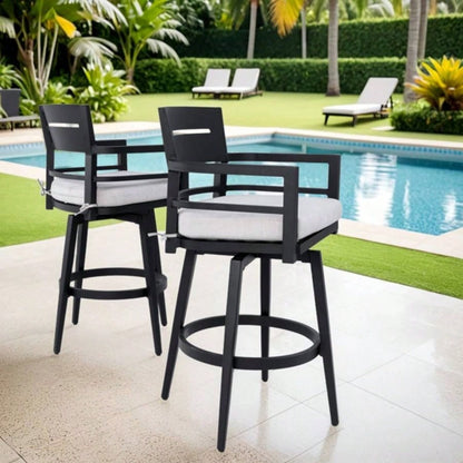 Modern Outdoor 2 - Piece Swivel Bar Chairs - Aluminum Frame with Ember Black, 360176; Swivel, Ergonomic Backrest Armrests, Tapered, Cushion, Weather - Resistant Durable Patio Bar Stool