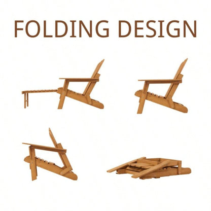Outdoor Wooden Folding Adirondack Chair with Retractable Ottoman, Pre - Assembled BackRest SeatBoard, Wood Patio Chair Garden Backyard Porch Pool Deck Firepit
