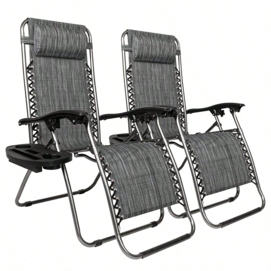 Zero Chair Pack 2, Outdoor Lounge Patio Chairs with Pillow and Utility Tray Adjustable Folding Recliner Deck, Patio, Beach, Yard, Gray