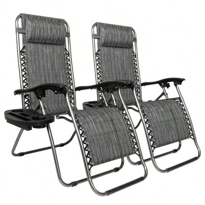 Zero Chair Pack 2, Outdoor Lounge Patio Chairs with Pillow and Utility Tray Adjustable Folding Recliner Deck, Patio, Beach, Yard, Gray