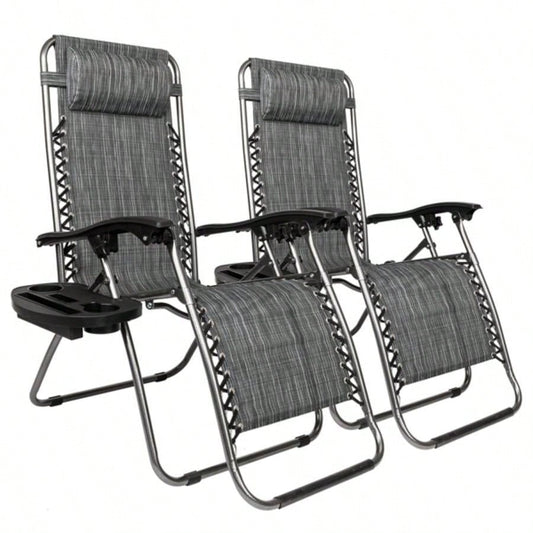 Zero Chair Pack 2, Outdoor Lounge Patio Chairs with Pillow and Utility Tray Adjustable Folding Recliner Deck, Patio, Beach, Yard, Gray