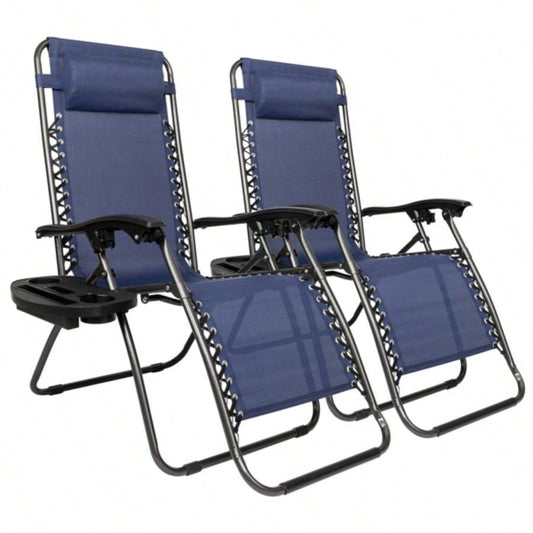 Zero Chair Pack 2, Outdoor Lounge Patio Chairs with Pillow and Utility Tray Adjustable Folding Recliner Deck, Patio, Beach, Yard, Blue