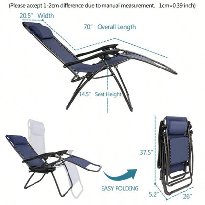 Zero Chair Pack 2, Outdoor Lounge Patio Chairs with Pillow and Utility Tray Adjustable Folding Recliner Deck, Patio, Beach, Yard, Blue