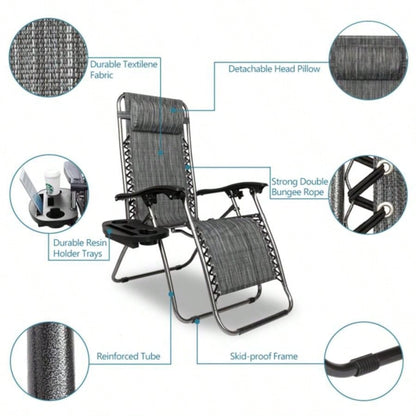 Zero Chair Pack 2, Outdoor Lounge Patio Chairs with Pillow and Utility Tray Adjustable Folding Recliner Deck, Patio, Beach, Yard, Gray