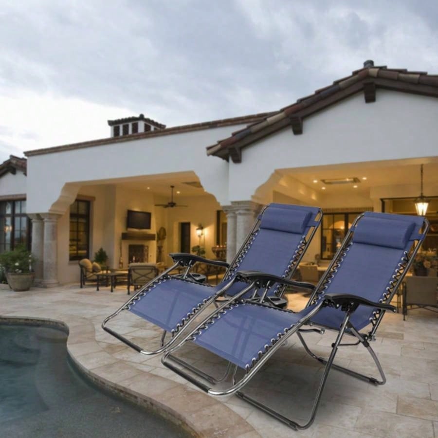 Zero Chair Pack 2, Outdoor Lounge Patio Chairs with Pillow and Utility Tray Adjustable Folding Recliner Deck, Patio, Beach, Yard, Blue
