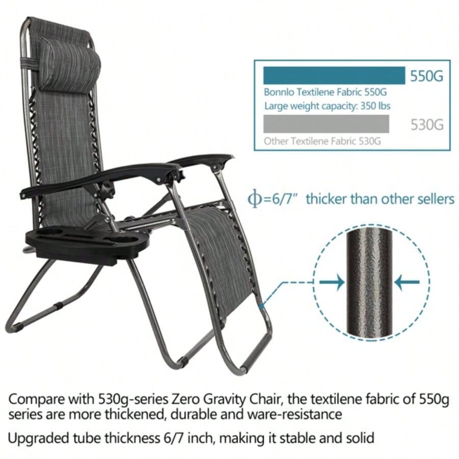 Zero Chair Pack 2, Outdoor Lounge Patio Chairs with Pillow and Utility Tray Adjustable Folding Recliner Deck, Patio, Beach, Yard, Gray