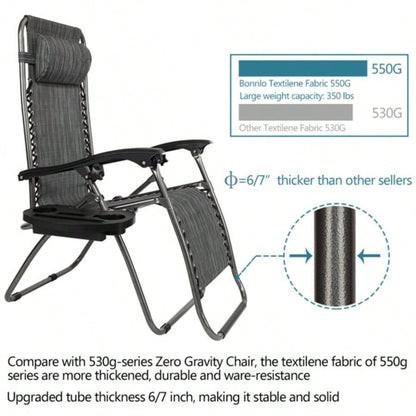 Zero Chair Pack 2, Outdoor Lounge Patio Chairs with Pillow and Utility Tray Adjustable Folding Recliner Deck, Patio, Beach, Yard, Gray