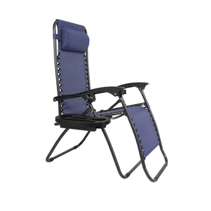 Zero Chair Pack 2, Outdoor Lounge Patio Chairs with Pillow and Utility Tray Adjustable Folding Recliner Deck, Patio, Beach, Yard, Blue
