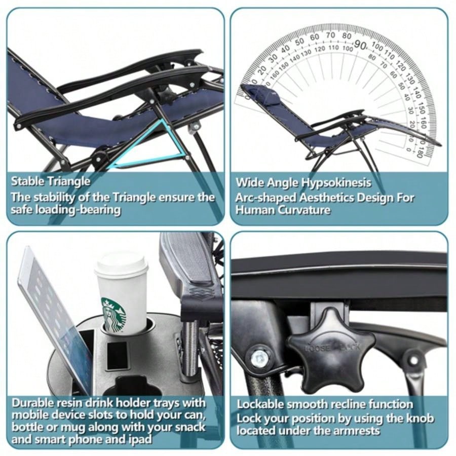 Zero Chair Pack 2, Outdoor Lounge Patio Chairs with Pillow and Utility Tray Adjustable Folding Recliner Deck, Patio, Beach, Yard, Blue