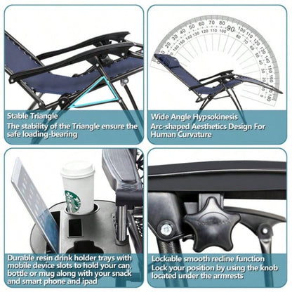 Zero Chair Pack 2, Outdoor Lounge Patio Chairs with Pillow and Utility Tray Adjustable Folding Recliner Deck, Patio, Beach, Yard, Blue