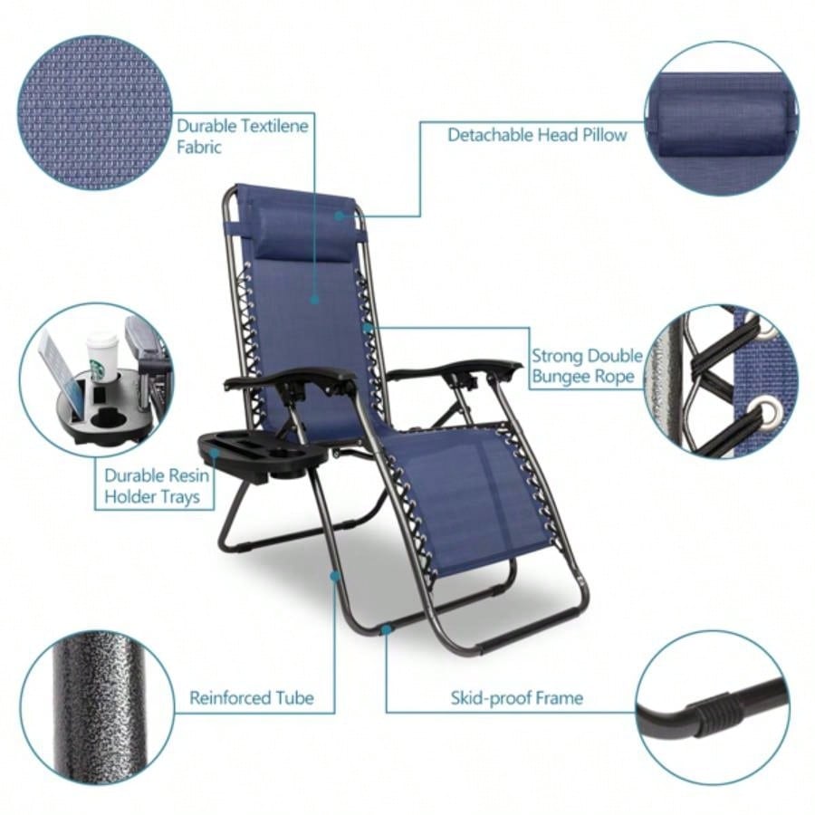 Zero Chair Pack 2, Outdoor Lounge Patio Chairs with Pillow and Utility Tray Adjustable Folding Recliner Deck, Patio, Beach, Yard, Blue