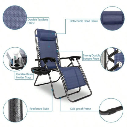 Zero Chair Pack 2, Outdoor Lounge Patio Chairs with Pillow and Utility Tray Adjustable Folding Recliner Deck, Patio, Beach, Yard, Blue