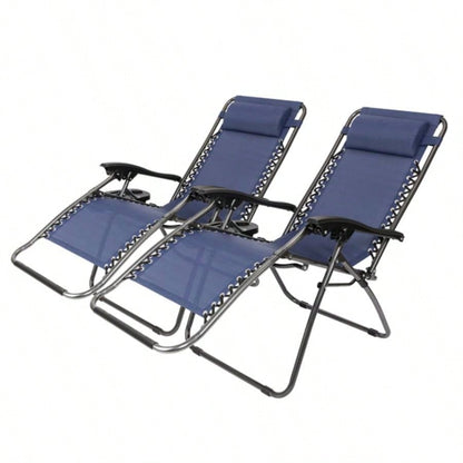 Zero Chair Pack 2, Outdoor Lounge Patio Chairs with Pillow and Utility Tray Adjustable Folding Recliner Deck, Patio, Beach, Yard, Blue