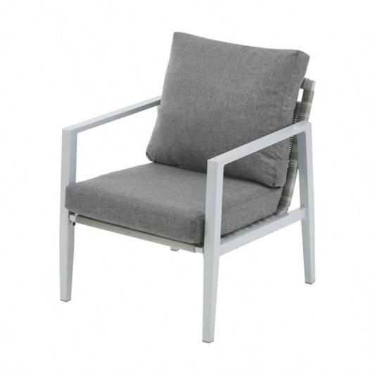Silver Aluminum Lounge Chair with Sleek Rope Accents and Comfortable Cushions, Modern Outdoor and Indoor Spaces