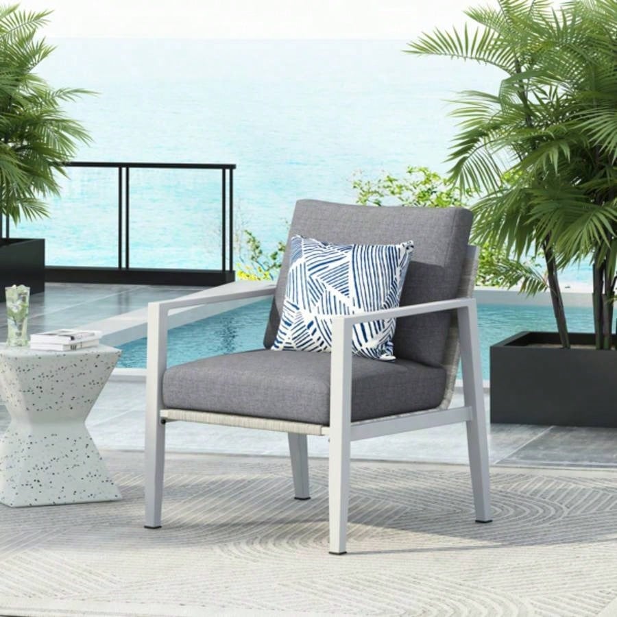Silver Aluminum Lounge Chair with Sleek Rope Accents and Comfortable Cushions, Modern Outdoor and Indoor Spaces