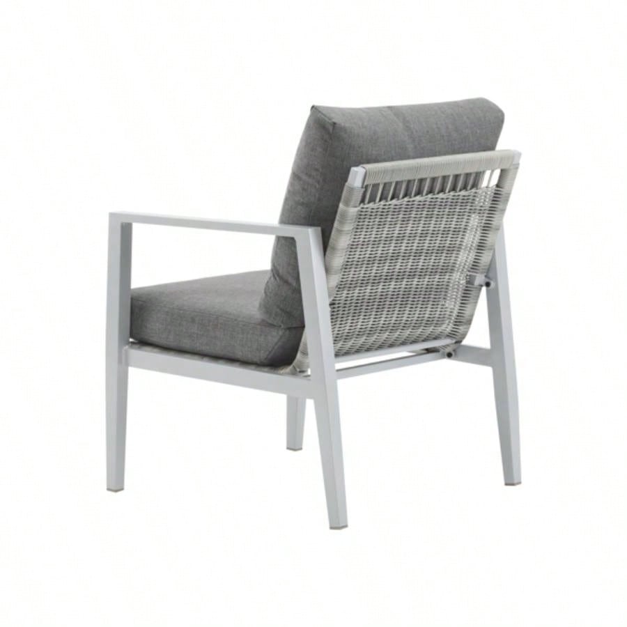 Silver Aluminum Lounge Chair with Sleek Rope Accents and Comfortable Cushions, Modern Outdoor and Indoor Spaces