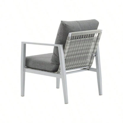 Silver Aluminum Lounge Chair with Sleek Rope Accents and Comfortable Cushions, Modern Outdoor and Indoor Spaces