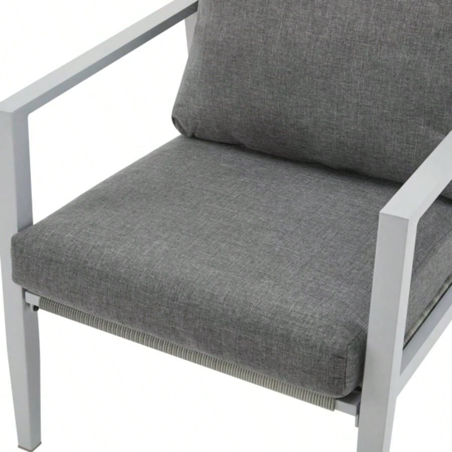 Silver Aluminum Lounge Chair with Sleek Rope Accents and Comfortable Cushions, Modern Outdoor and Indoor Spaces