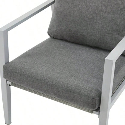 Silver Aluminum Lounge Chair with Sleek Rope Accents and Comfortable Cushions, Modern Outdoor and Indoor Spaces