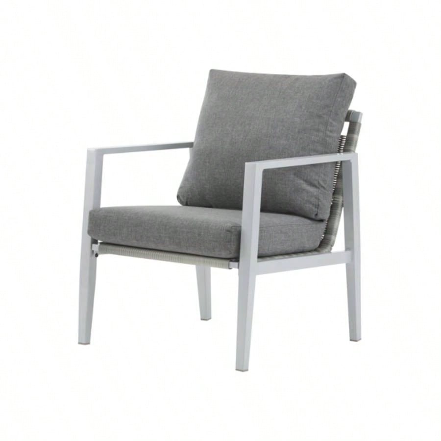 Silver Aluminum Lounge Chair with Sleek Rope Accents and Comfortable Cushions, Modern Outdoor and Indoor Spaces
