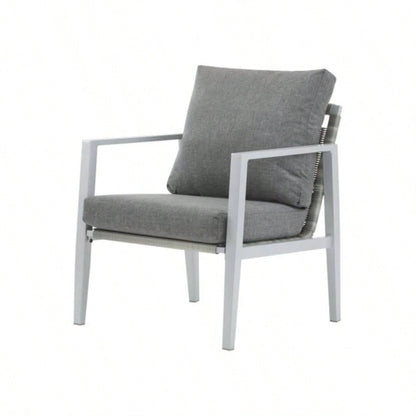 Silver Aluminum Lounge Chair with Sleek Rope Accents and Comfortable Cushions, Modern Outdoor and Indoor Spaces