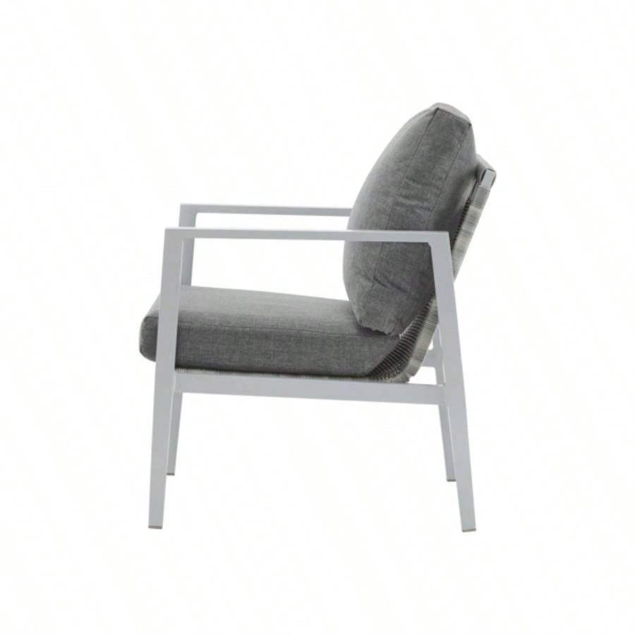 Silver Aluminum Lounge Chair with Sleek Rope Accents and Comfortable Cushions, Modern Outdoor and Indoor Spaces