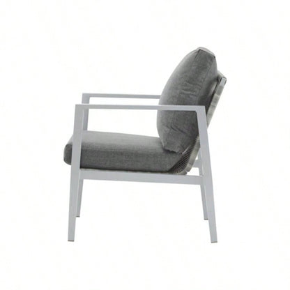 Silver Aluminum Lounge Chair with Sleek Rope Accents and Comfortable Cushions, Modern Outdoor and Indoor Spaces