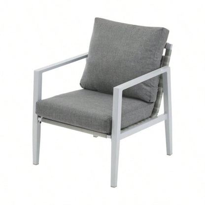 Silver Aluminum Lounge Chair with Sleek Rope Accents and Comfortable Cushions, Modern Outdoor and Indoor Spaces