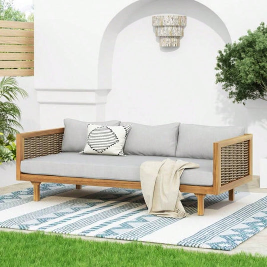 3 SEATER DAYBED WITH RATTAN ARMS LIGHT CUSHION