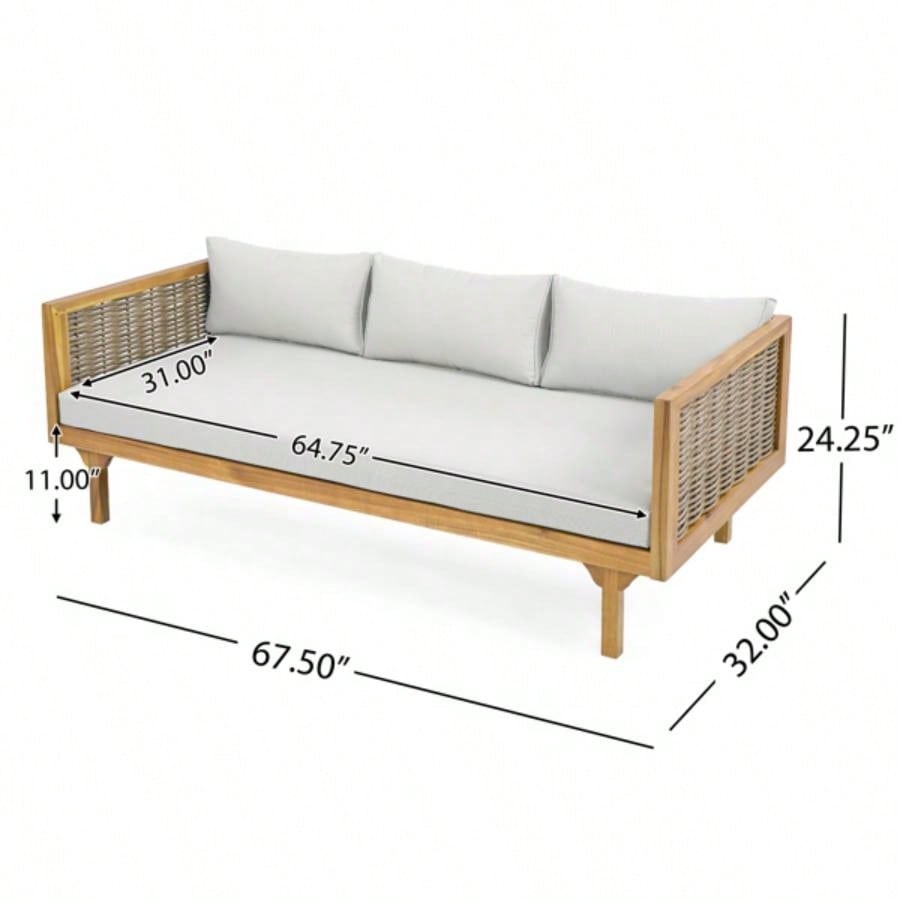 3 SEATER DAYBED WITH RATTAN ARMS LIGHT CUSHION