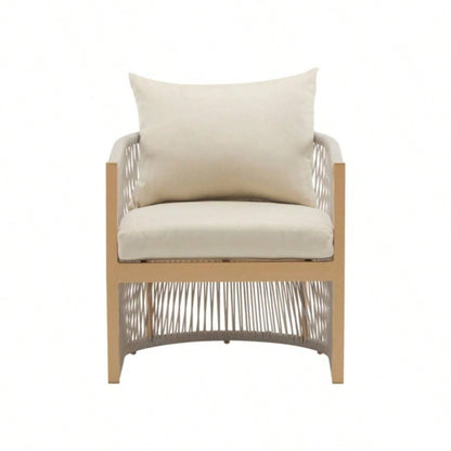 Modern Beige Curved Aluminum Lounge Chair with Stylish Rope - Weave Design and Cushioned Comfort, Outdoor Living