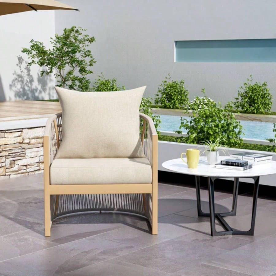 Modern Beige Curved Aluminum Lounge Chair with Stylish Rope - Weave Design and Cushioned Comfort, Outdoor Living