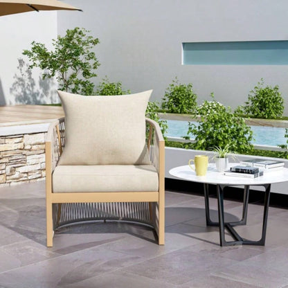 Modern Beige Curved Aluminum Lounge Chair with Stylish Rope - Weave Design and Cushioned Comfort, Outdoor Living