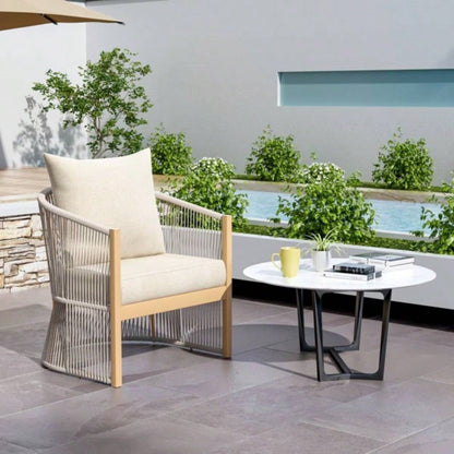 Modern Beige Curved Aluminum Lounge Chair with Stylish Rope - Weave Design and Cushioned Comfort, Outdoor Living