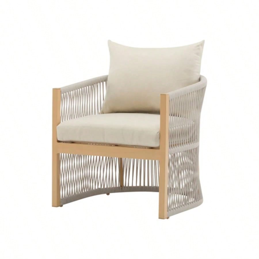 Modern Beige Curved Aluminum Lounge Chair with Stylish Rope - Weave Design and Cushioned Comfort, Outdoor Living