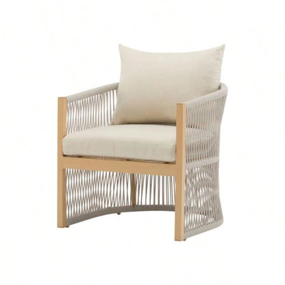 Modern Beige Curved Aluminum Lounge Chair with Stylish Rope - Weave Design and Cushioned Comfort, Outdoor Living