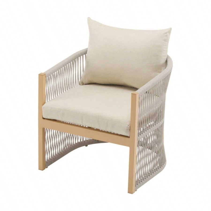 Modern Beige Curved Aluminum Lounge Chair with Stylish Rope - Weave Design and Cushioned Comfort, Outdoor Living