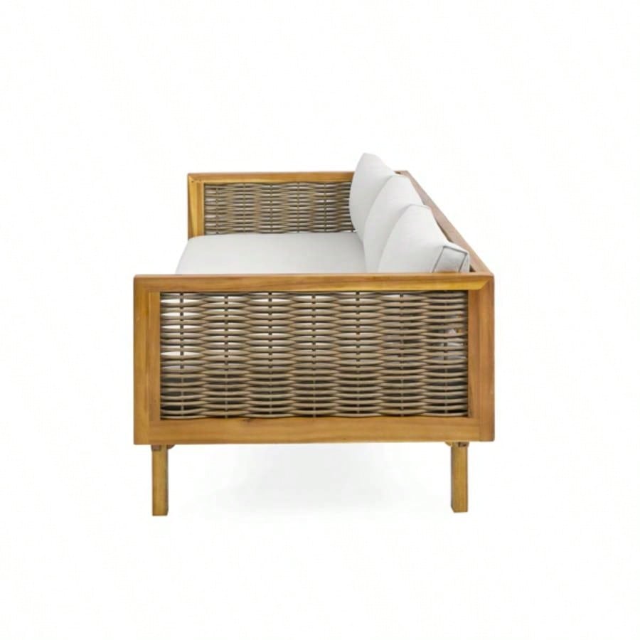 3 SEATER DAYBED WITH RATTAN ARMS LIGHT CUSHION
