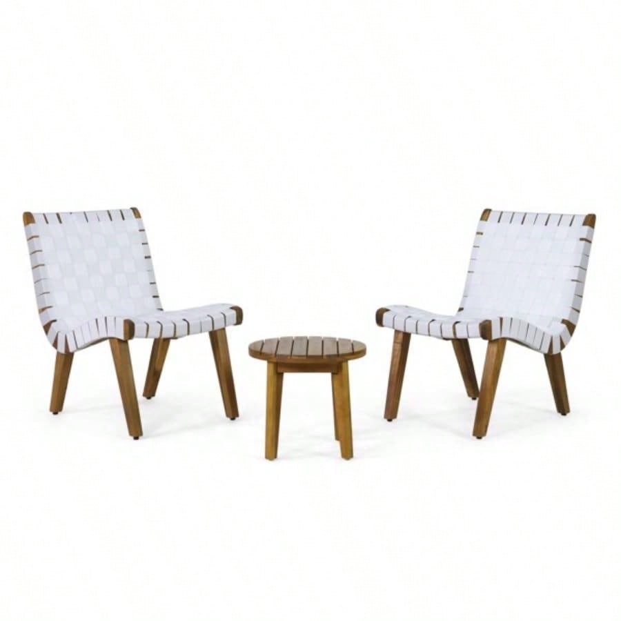 Outdoor Acacia Wood and Rope Weave 3 Piece Chat Set, White and Teak