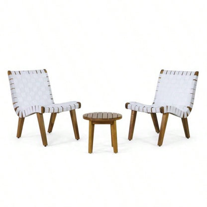 Outdoor Acacia Wood and Rope Weave 3 Piece Chat Set, White and Teak