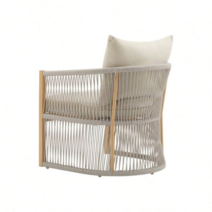 Modern Beige Curved Aluminum Lounge Chair with Stylish Rope - Weave Design and Cushioned Comfort, Outdoor Living