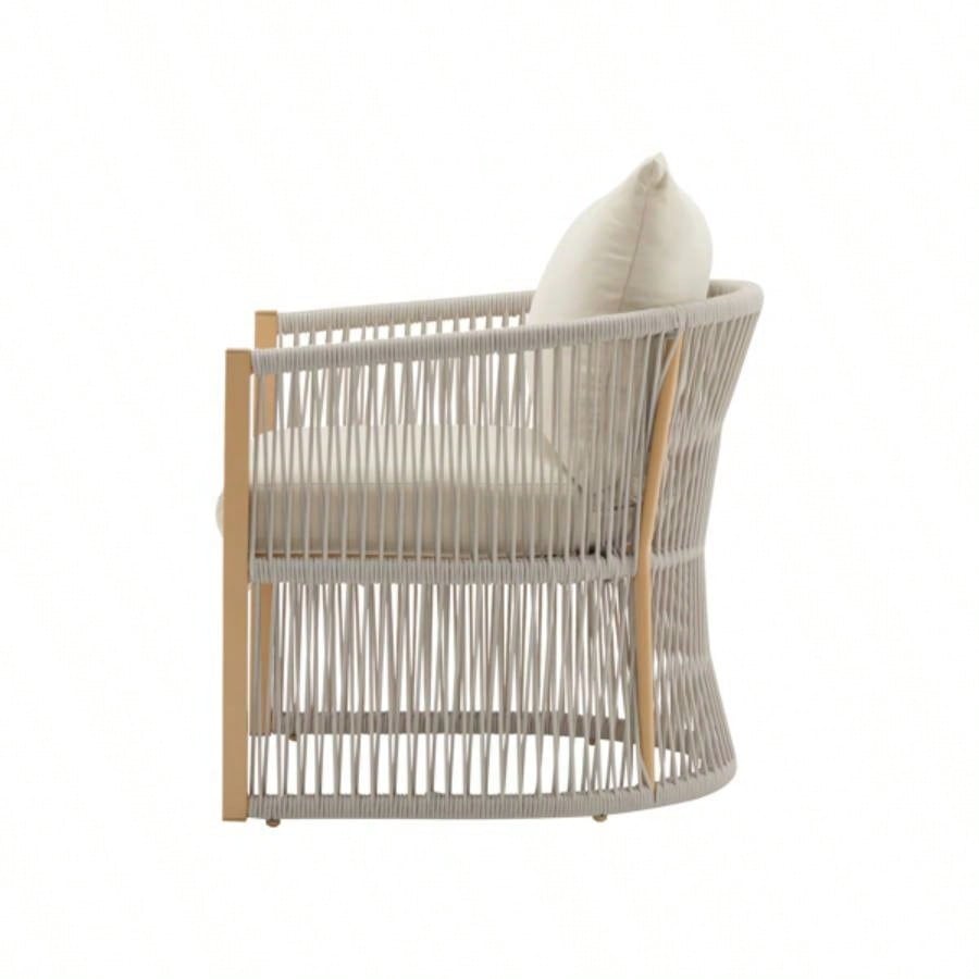 Modern Beige Curved Aluminum Lounge Chair with Stylish Rope - Weave Design and Cushioned Comfort, Outdoor Living