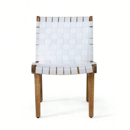 Outdoor Acacia Wood and Rope Weave 3 Piece Chat Set, White and Teak