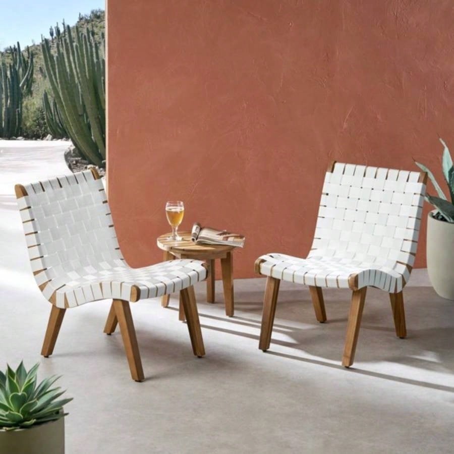 Outdoor Acacia Wood and Rope Weave 3 Piece Chat Set, White and Teak