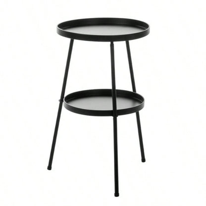 Patio Small Side Table, Round 2 Tier End Table, Metal Round Coffee Table Indoor Outdoor, Black