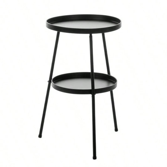 Patio Small Side Table, Round 2 Tier End Table, Metal Round Coffee Table Indoor Outdoor, Black