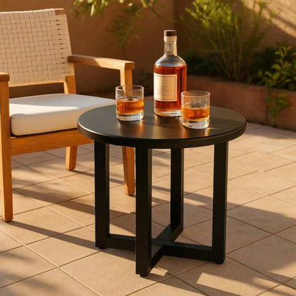 Outdoor Metal Round Table, Weather Resistant Patio End Table Side Table Coffee Bistro Table Indoor Outdoor, Black