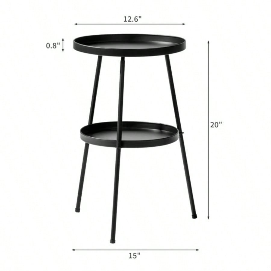 Patio Small Side Table, Round 2 Tier End Table, Metal Round Coffee Table Indoor Outdoor, Black