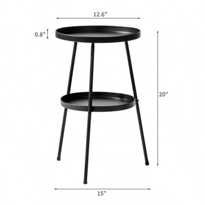 Patio Small Side Table, Round 2 Tier End Table, Metal Round Coffee Table Indoor Outdoor, Black
