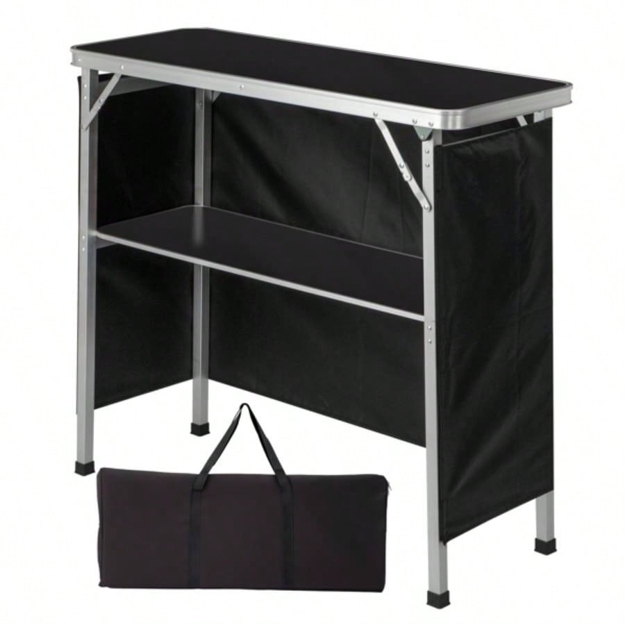 Portable Folding Bar Table with Shelf, Tradeshow Podium Table with Black Skirt and Carrying Bag, Indoor Outdoor Party Picnic Exhibition, Black